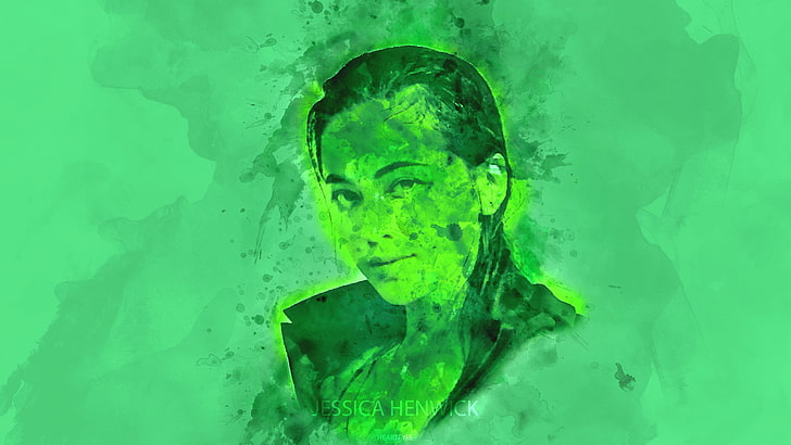 watercolor, Jessica Henwick, green, turquoise, portrait, green background, HD wallpaper