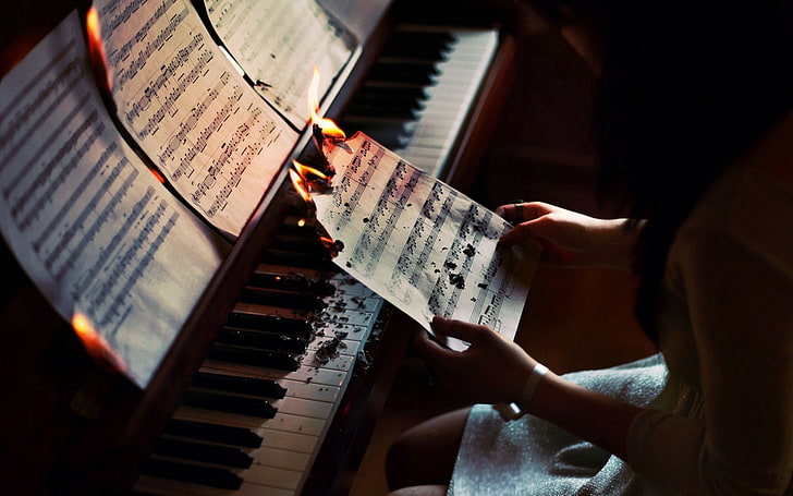 piano, notas musicais, queima, fogo, música, mulheres, HD papel de parede