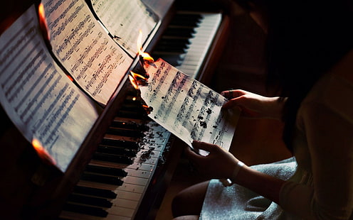 piano, not musik, pembakaran, api, musik, wanita, Wallpaper HD HD wallpaper