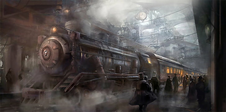 Sci Fi, Steampunk, pociąg, dworzec kolejowy, Tapety HD