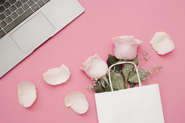 flowers, background, pink, roses, petals, laptop, HD wallpaper