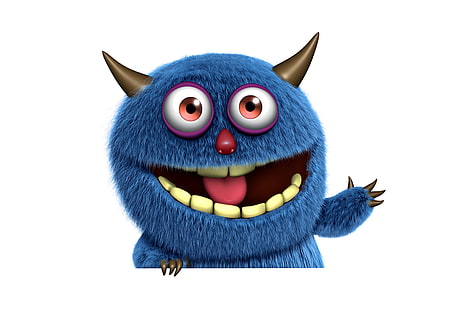 blue monster illustration, monster, face, funny, cute, fluffy, HD wallpaper HD wallpaper