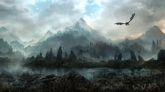 Skyrim Elder Scrolls Dragon Mountains Landscape HD, videojuegos, paisaje, montañas, dragon, skyrim, elder, scrolls, Fondo de pantalla HD HD wallpaper