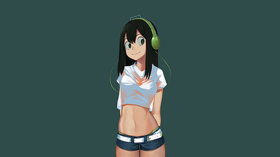 зеленая иллюстрация наушников, Boku no Hero Academia, Tsuyu Asui, простой фон, HD обои HD wallpaper