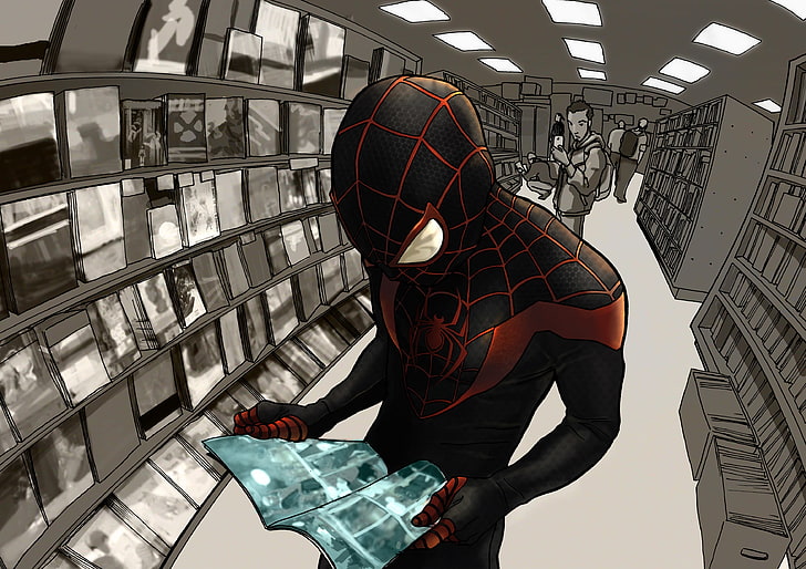 Комична илюстрация на Marvel Spider-Man, костюм, супергерой, Marvel Comics, Spider-Man, Miles Morales, Ultimate Spider-Man, HD тапет