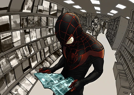 ภาพประกอบการ์ตูน Marvel Spider-Man, เครื่องแต่งกาย, ซูเปอร์ฮีโร่, Marvel Comics, Spider-Man, Miles Morales, Ultimate Spider-Man, วอลล์เปเปอร์ HD HD wallpaper