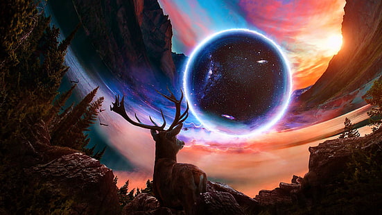 планета, елен, гора, дива, галактика, мечта, фантазия, HD тапет HD wallpaper