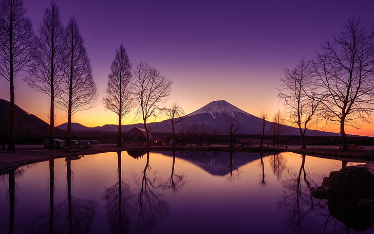 日本、本州、火山、富士山、朝、水、反射、日本、本州、火山、富士、山、朝、水、反射、 HDデスクトップの壁紙