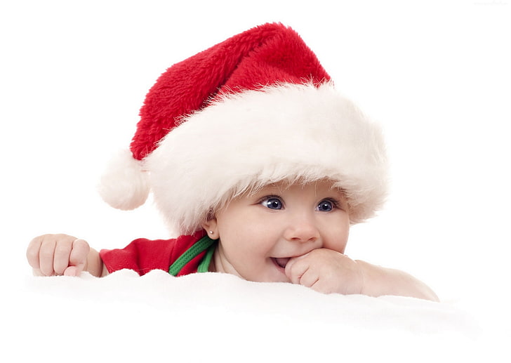 white and red Santa hat, baby, new year, hat, cute, HD wallpaper