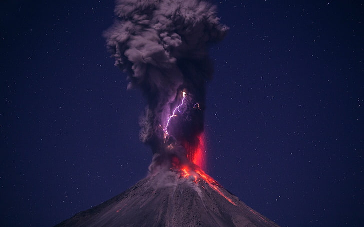 erupted volcano, nature, volcano, eruptions, Hernando Rivera Cervantes, photography, lightning, night, ash, stars, HD wallpaper