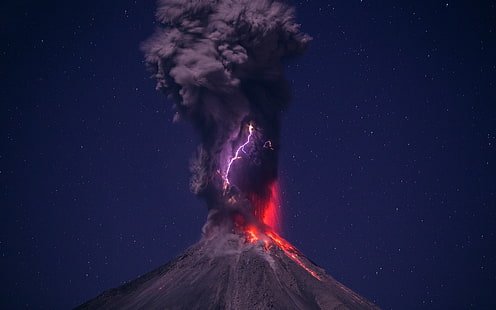 erupted volcano, nature, volcano, eruptions, Hernando Rivera Cervantes, photography, lightning, night, ash, stars, HD wallpaper HD wallpaper