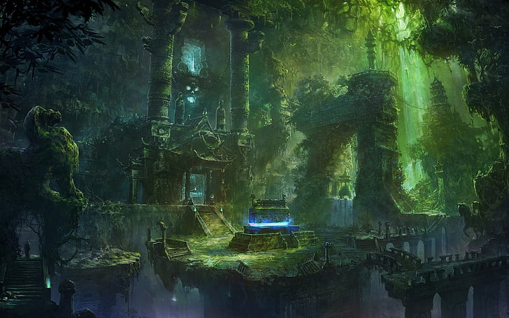 храм посреди леса, зелень, фантазия, храм, HD обои