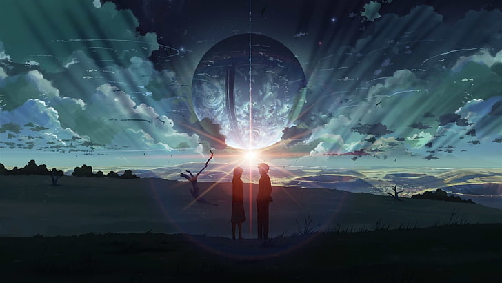 Луна над мужчиной и женщиной - цифровые обои, аниме, 5 сантиметров в секунду, акари синохара, кобато (аниме), такаки туно, HD обои