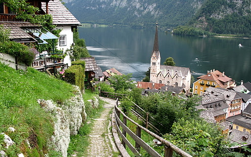 هالستات النمسا العليا ، قرية ، salzkammergut ، الخلفية ، المناظر الطبيعية، خلفية HD HD wallpaper
