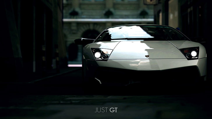 white Gallardo Murcielago, Lamborghini, head lights, reflection, parking lot, white cars, sports car, HD wallpaper