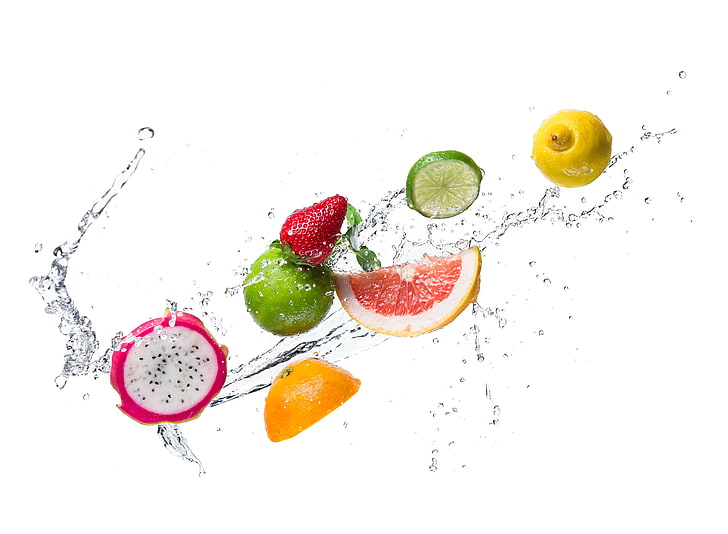 assorted fruits, water, drops, squirt, lemon, orange, kiwi, strawberry, lime, citrus, slices, HD wallpaper