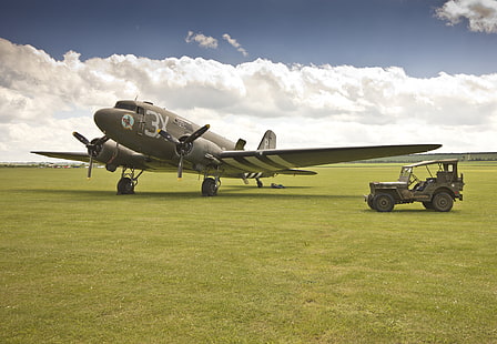 самолет, аэродром, военный транспорт, джип «Уиллис-МВ», Willys MB, Douglas C-47, HD обои HD wallpaper