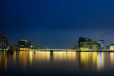 city buildings and body of water during night time, copenhagen, copenhagen, Copenhagen, Harbour, Aller, Islands Brygge, city, buildings, body of water, night time, Denmark, bicycle bridge, Creative Commons, night, reflection, architecture, urban Skyline, cityscape, urban Scene, dusk, built Structure, building Exterior, illuminated, river, downtown District, HD wallpaper HD wallpaper