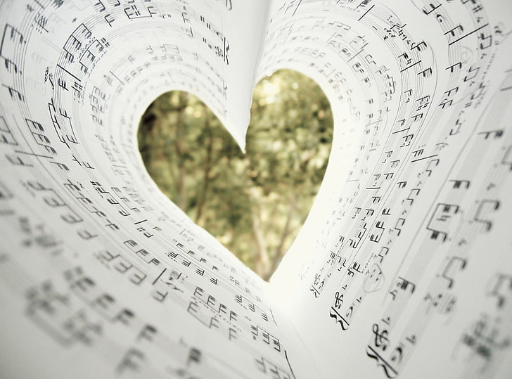 Love Music, spartiti, musica, note, fogli, cuore, amore, pianoforte, Sfondo HD