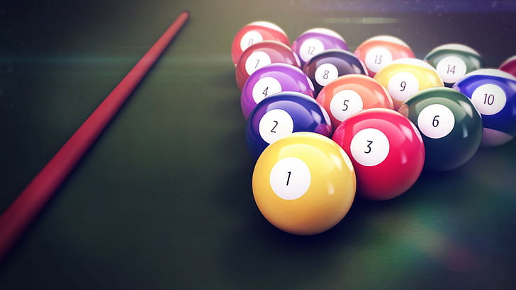Pool table balls, billiard cue stick and ball set, pool table, balls, cue, HD wallpaper
