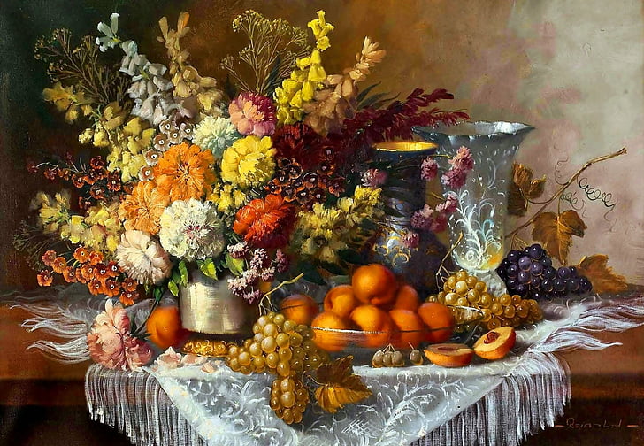 فني ، رسم ، ملون ، زهرة ، فاكهة ، صامت ، مزهرية، خلفية HD