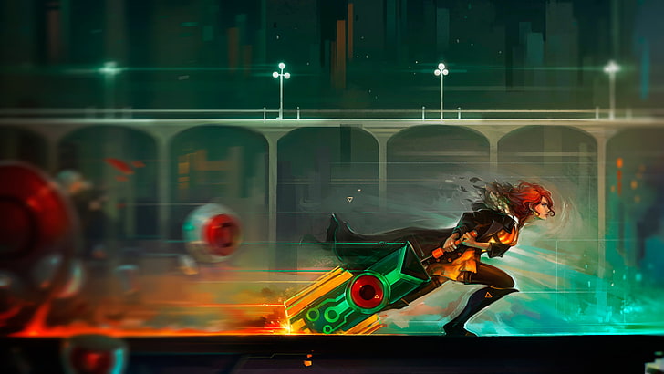 red-haired female character digital wallpaper, flat screen TV showing red haired woman in black armor carrying green sword, Transistor, video games, Red (Transistor), digital art, sword, HD wallpaper