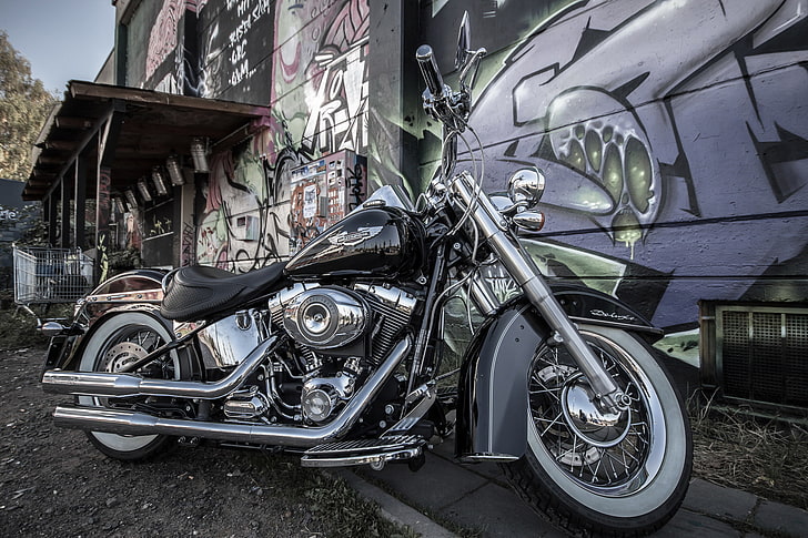 черен и сив крайцер мотоциклет, дизайн, мотоциклет, мотор, Harley-Davidson, HD тапет