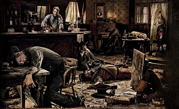 Westszene, Körper auf dem Boden in der Nähe von Bar Malerei, Vintage, Szene, Western, Western-Szene, HD-Hintergrundbild