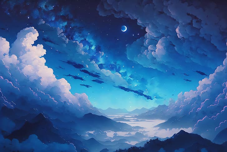 ИИ арт, облака, Studio Ghibli, иллюстрация, HD обои