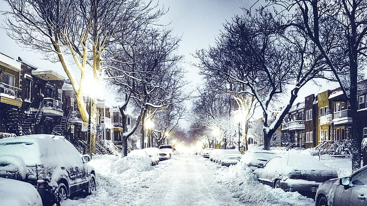 winter, road, snow, machine, the city, street, home, the evening, Canada, lights, Quebec, QC, HD wallpaper