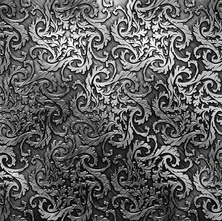 wallpaper abu-abu damask 3D, logam, pola, perak, tekstur, latar belakang, baja, logam, Wallpaper HD