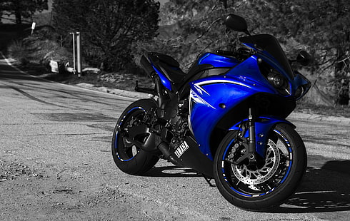 синий и черный спортивный мотоцикл, yamaha yzf-r1, мотоцикл, спортивный мотоцикл, HD обои HD wallpaper