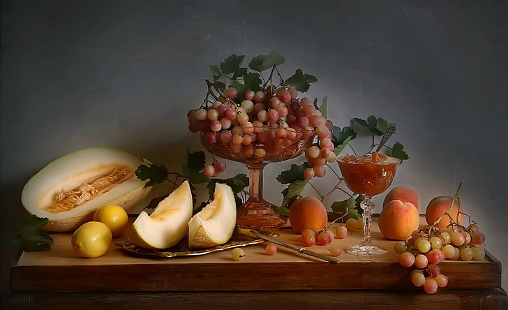 fruits in bowl and on table still-life painting, autumn, grapes, still life, lemons, still life with fruit, HD wallpaper