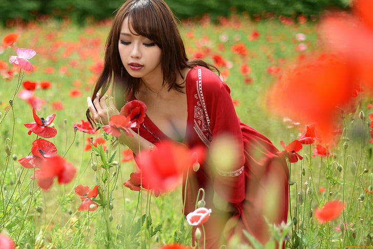 Asian, flowers, women outdoors, women, model, HD wallpaper