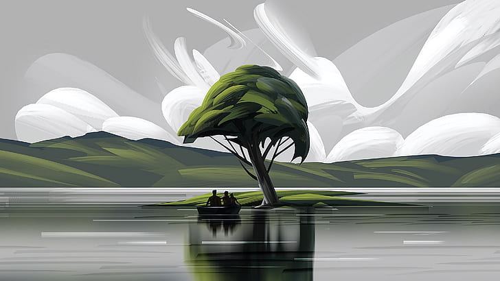 island, lone tree, boat, boat trip, illustration, tree, water, digital painting, painting art, artwork, art, lake, family, digital art, HD wallpaper