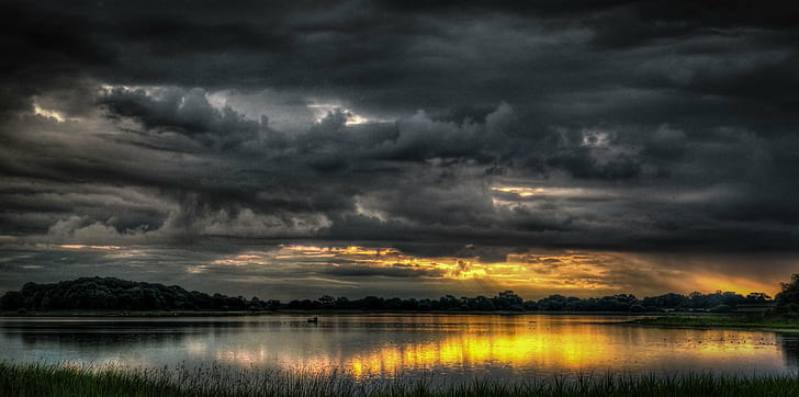 photo of watery field during golden hour, Stormy weather, photo, watery, field, golden hour, stormy  weather, clouds, hdr, landscape, panorama, sunset, twilight, nature, reflection, cloud - Sky, sky, water, outdoors, lake, summer, cloudscape, scenics, dusk, beauty In Nature, HD wallpaper