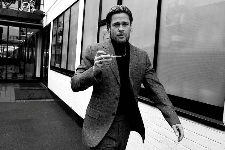 Brad Pitt, Actor, Monochrome, grayscale photo brad pitt, brad pitt, actor, monochrome, HD wallpaper