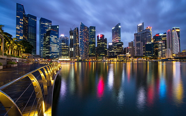 Arranha-céus de Singapura luzes da noite, paisagem da cidade, paisagens urbanas, cidade de Singapura, paisagem urbana, cidade, luz, noite, HD papel de parede
