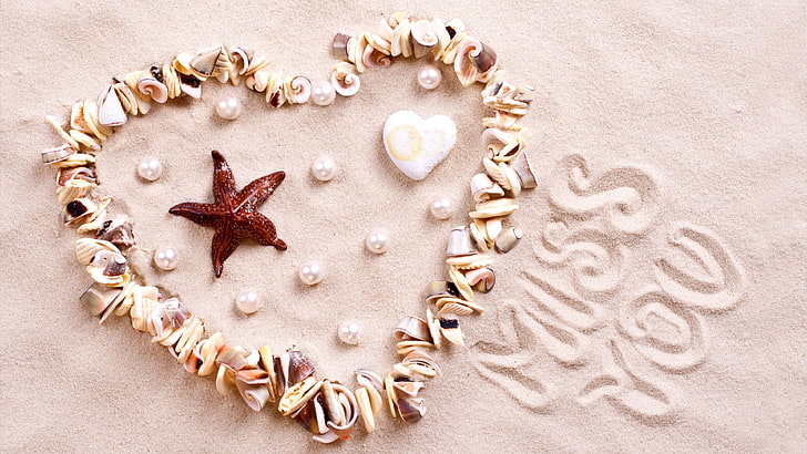 сердце, берег, 4K, ракушка, морская звезда, образ любви, HD обои