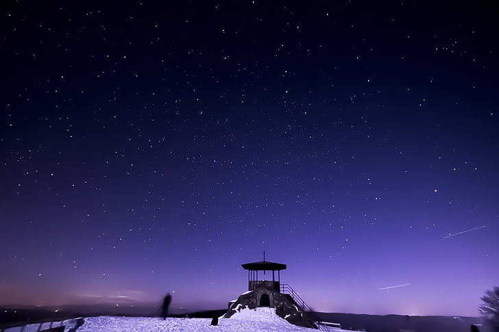 скопление звезд, ночное небо, звездная ночь, зима, снег, HD обои