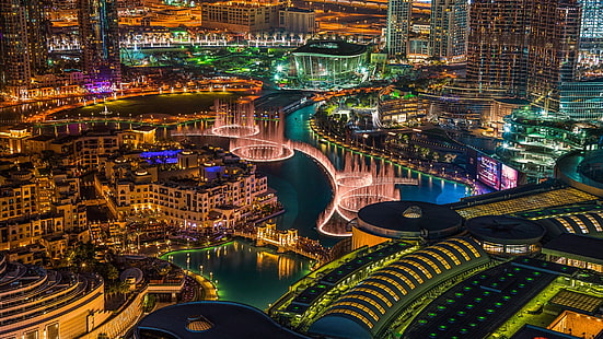 centrum, Asien, panorama, Förenade Arabemiraten, Dubai fontän, Dubai, vatten, vy, horisont, flygfotografering, storstadsområde, skyskrapa, reflektion, natt, landmärke, metropol, fontän, stad, stadsbild, HD tapet HD wallpaper