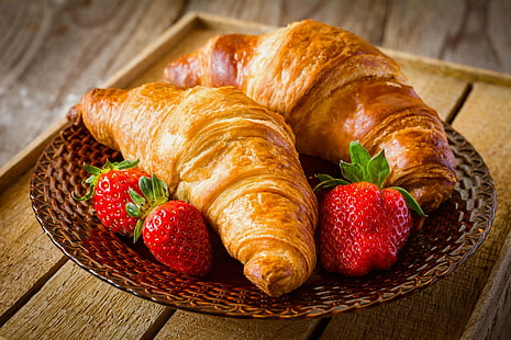 Makanan, Croissant, Sarapan, Strawberry, Viennoiserie, Wallpaper HD HD wallpaper