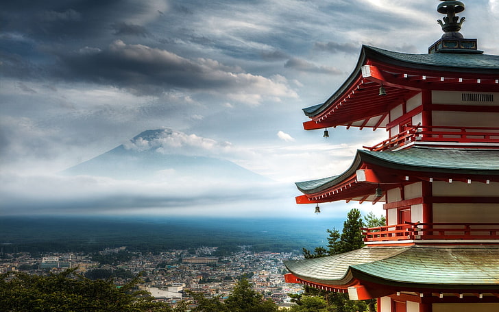 kuil pagoda kayu merah dan coklat, Jepang, Gunung Fuji, Wallpaper HD
