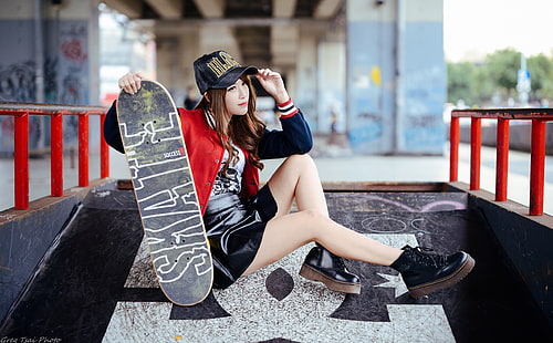 Girl Skateboarder Style HD Wallpaper, women's black and white skateboard, Sports, Skateboarding, Girl, Style, People, Woman, Female, Urban, Model, Sport, Fashion, Cool, Asian, Skateboard, Skateboarder, Skater, asiatic, skatepark, HD wallpaper HD wallpaper