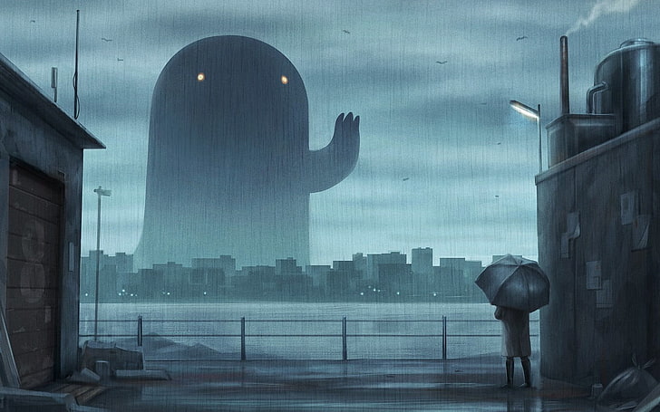hombre que sostiene el paraguas de pie cerca de la construcción de obras de arte, el hombre bajo el paraguas mirando monstruo ilustración, lluvia, paisaje, paraguas, paisaje urbano, ciudad, criatura, obra de arte, anime, cian, Fondo de pantalla HD