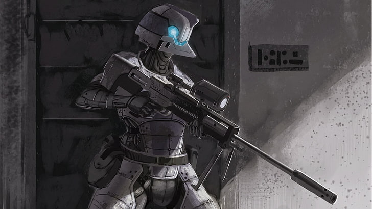 ilustrasi senapan sniper hitam, senapan sniper, fiksi ilmiah, Wallpaper HD