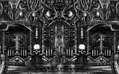black door digital art, H. R. Giger, surreal, skull, artwork, monochrome, HD wallpaper HD wallpaper