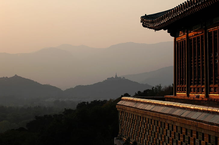 panorama, antiga, pôr do sol, tarde, arquitetura asiática, colinas, névoa, HD papel de parede
