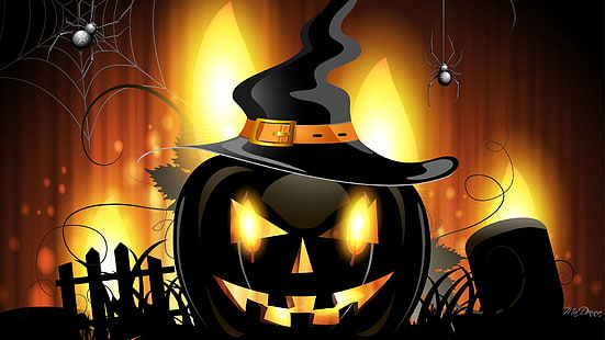 pumpkin illustration, Halloween, pumpkin, spider, artwork, Jack O' Lantern, HD wallpaper HD wallpaper