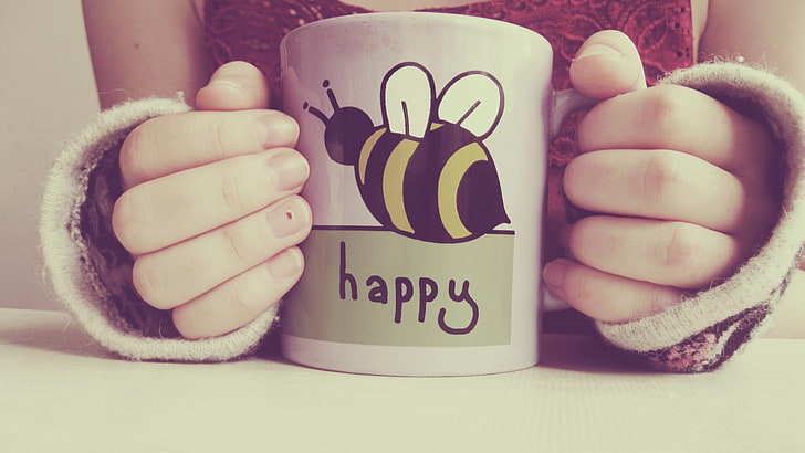 white and black bee graphic happy-printed ceramic mug, cup, minimalism, hands, HD wallpaper